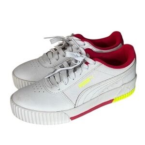 Puma Girl’s Carina Sneakers Athletic Shoes Neon Accents White Size 4